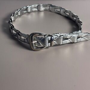 Womens Silver Braided Chain Belt M L Shiny Metallic‎ Buckle Accent